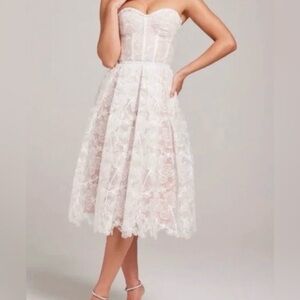 NADINE MERABI “Olivia” White Strapless A-Line Midi Dress